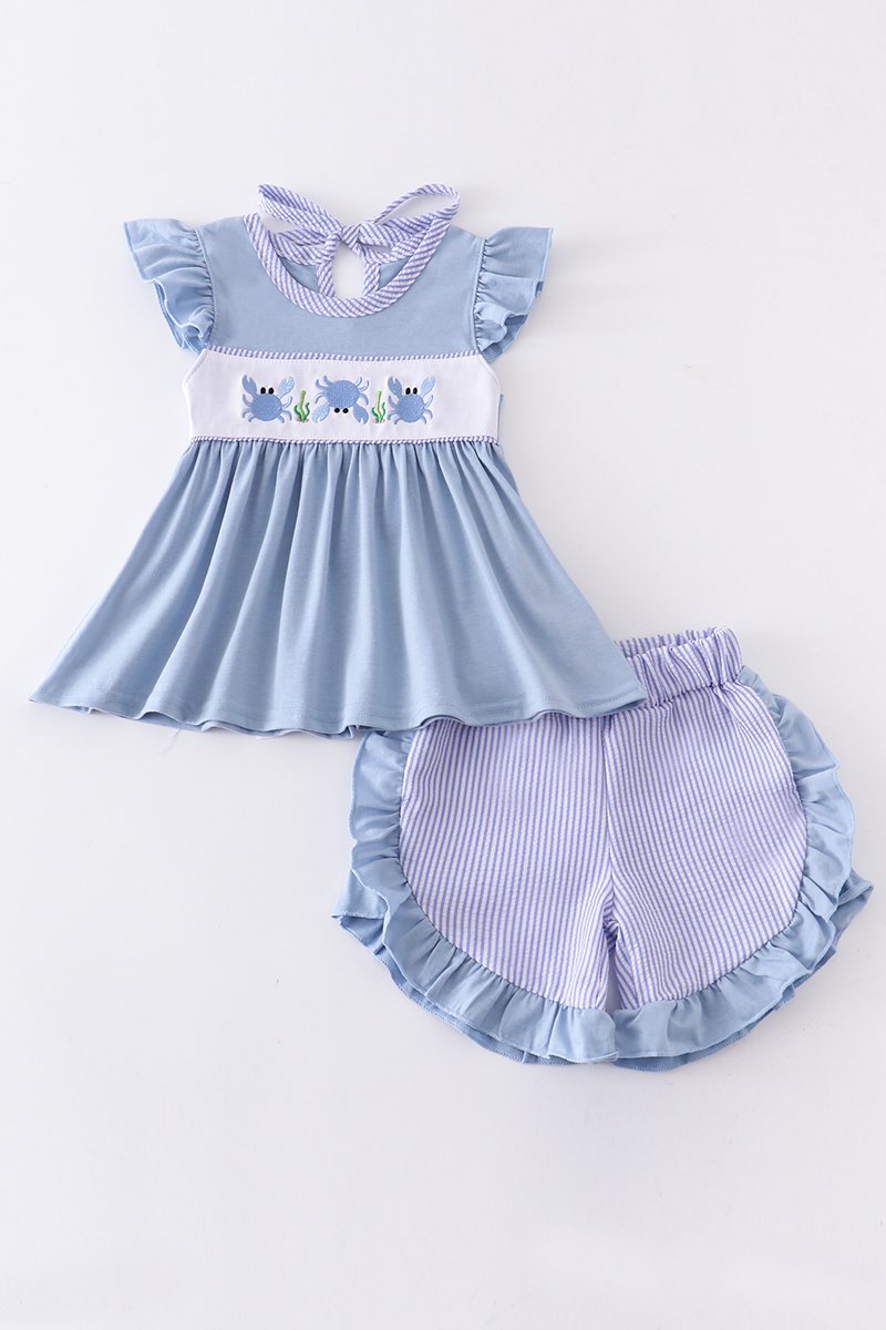 Blue Crab Embroidery Girls Set