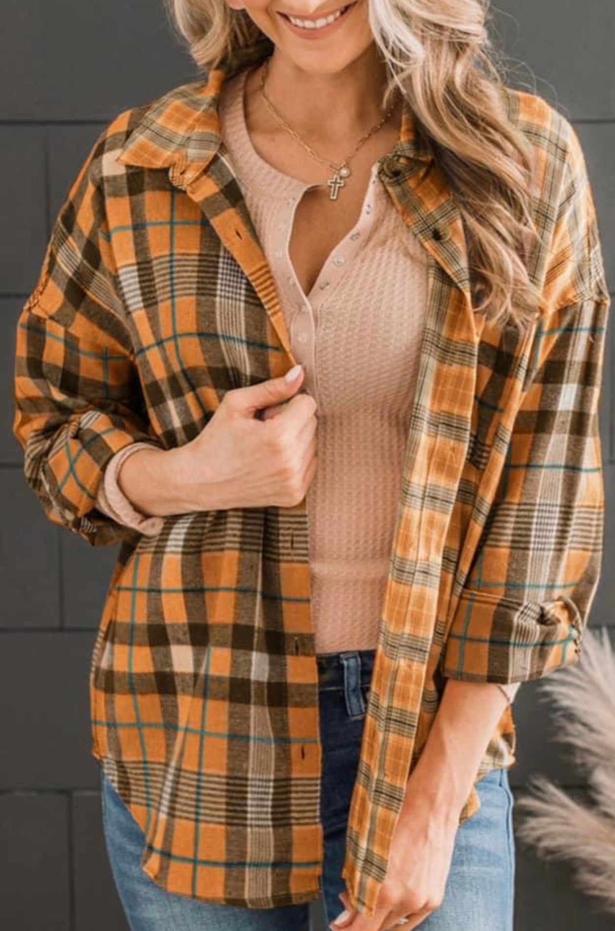 Orange Drop Shoulder Plaid Pattern Shirt