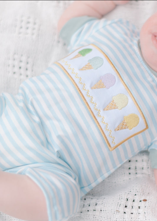 Blue Stripe Ice Cream Embroidery Baby Romper