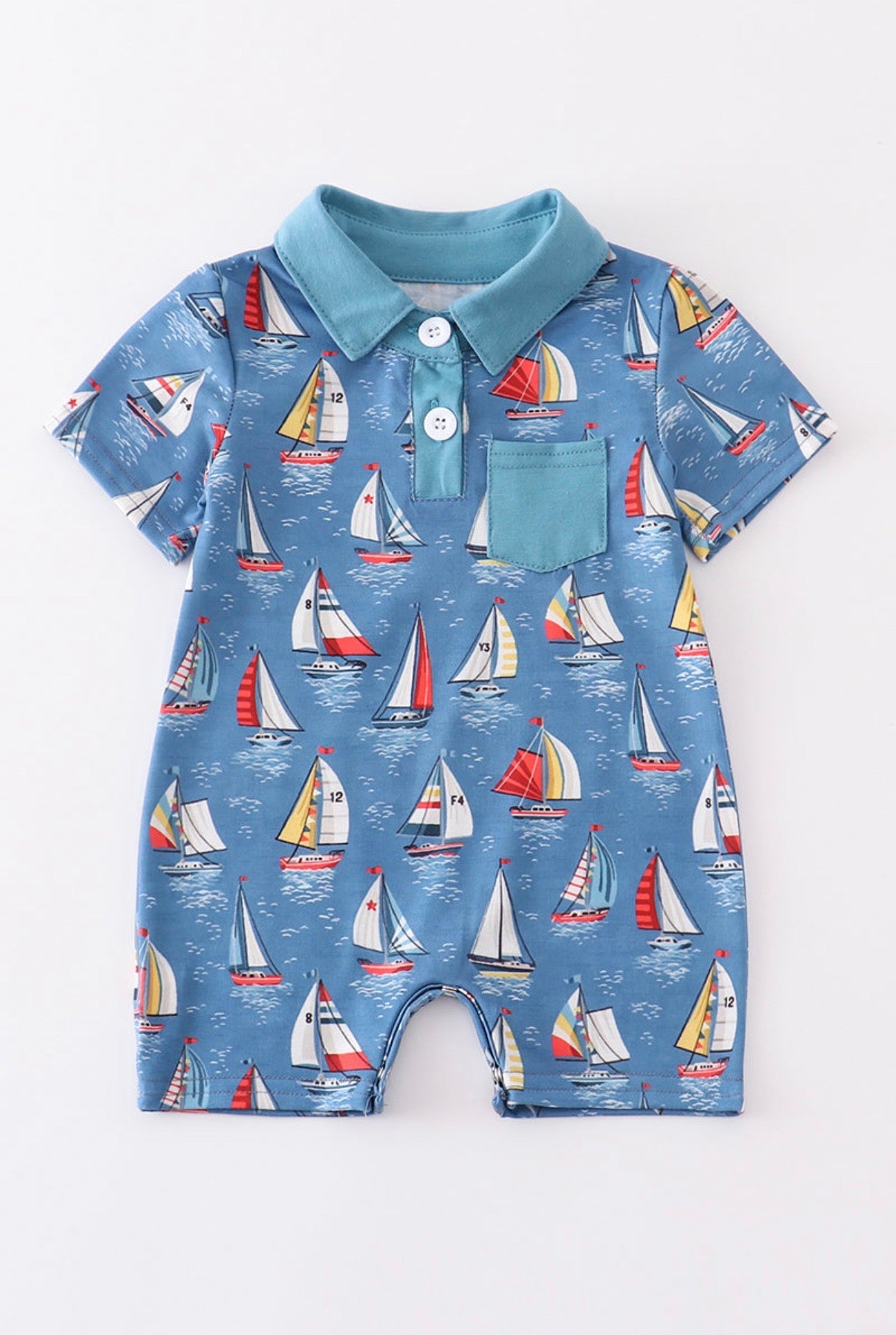 Navy Sailboat Print Pocket Boy Romper