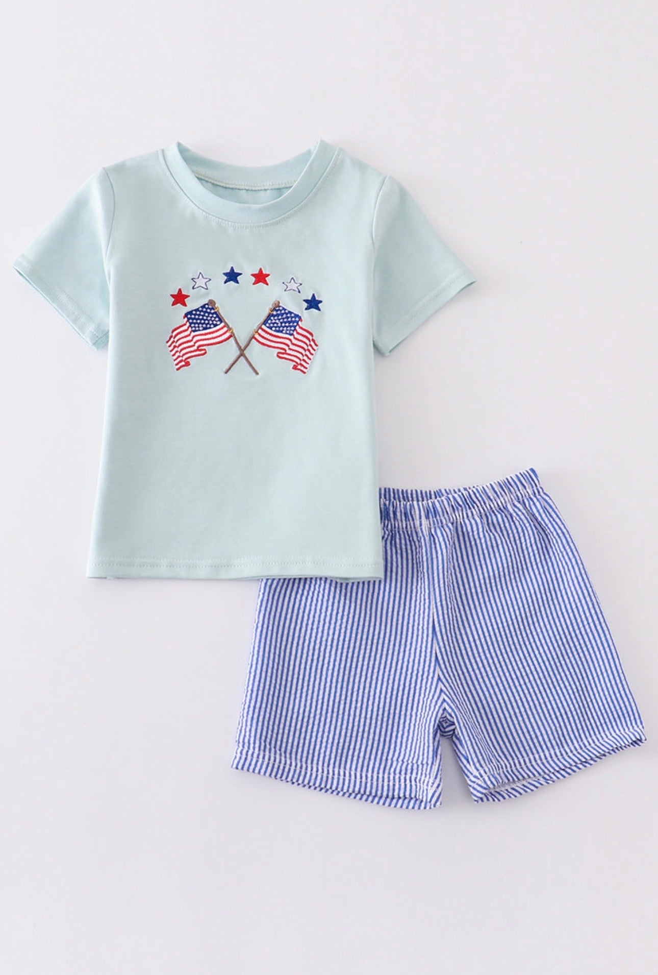 Blue Patriotic Flag Embroidery Boy Set