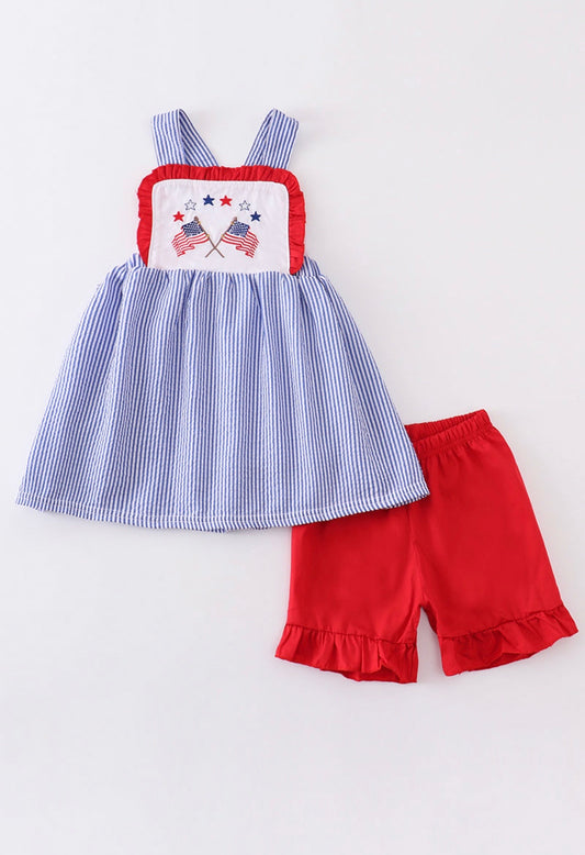 Blue Patriotic Seersucker Flag Embroidery Girl Set