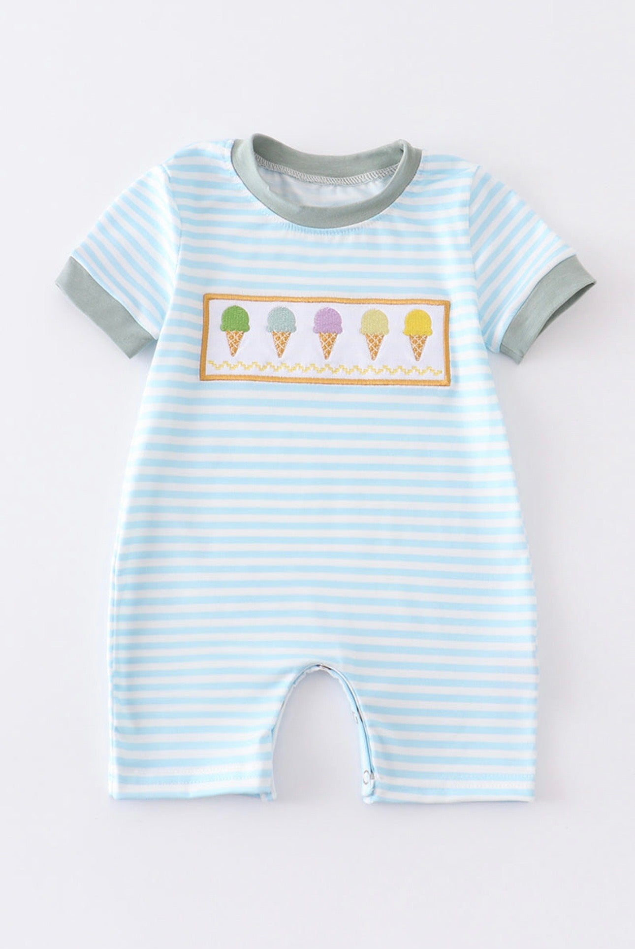 Blue Stripe Ice Cream Embroidery Baby Romper