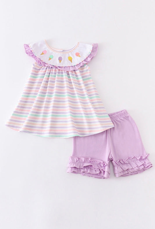 Purple Ice Cream Embroidery Stripe Ruffle Set