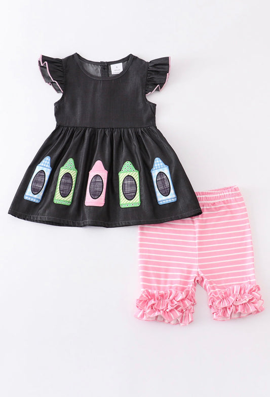 Black Back to School Applique Stripe Girl Set