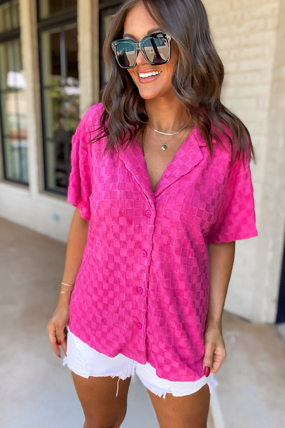 Bright Pink Lapel Neck Checkered Textured Short Sleeve Shirt (RUNS BIG SIZE DOWN)