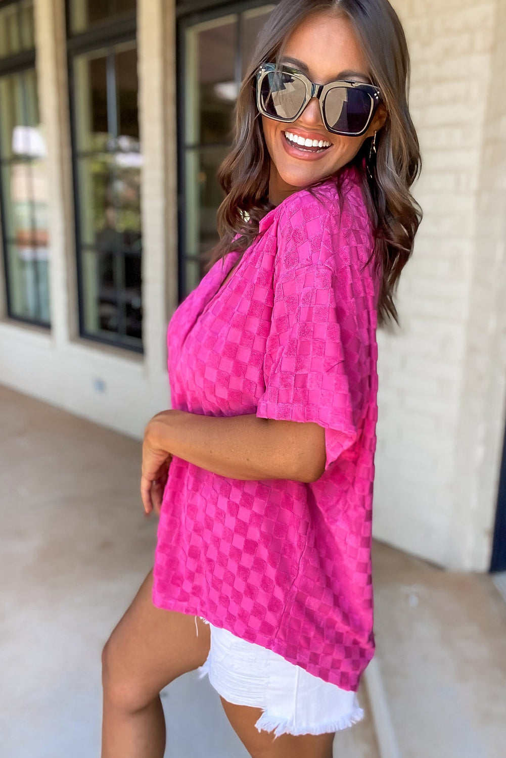 Bright Pink Lapel Neck Checkered Textured Short Sleeve Shirt (RUNS BIG SIZE DOWN)