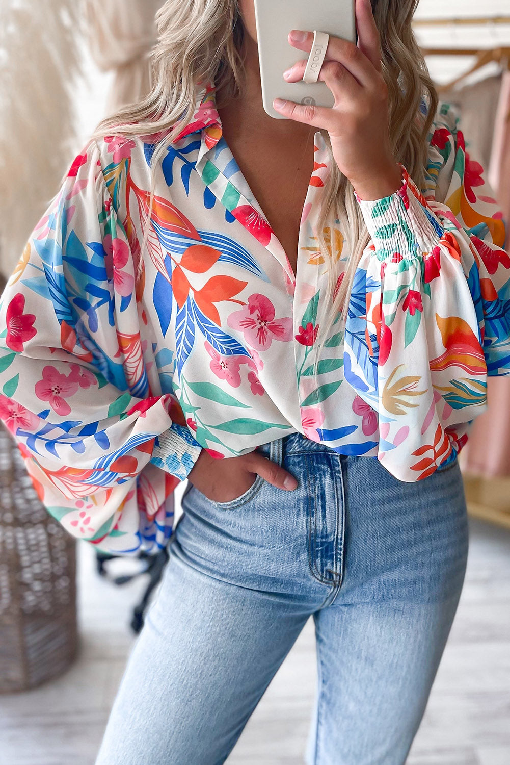 Women’s Multicolor Vibrant Floral Printed Billowy Sleeve Shirt