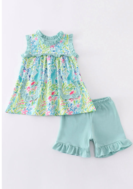 Green Floral Print Pocket Girl Dress Set