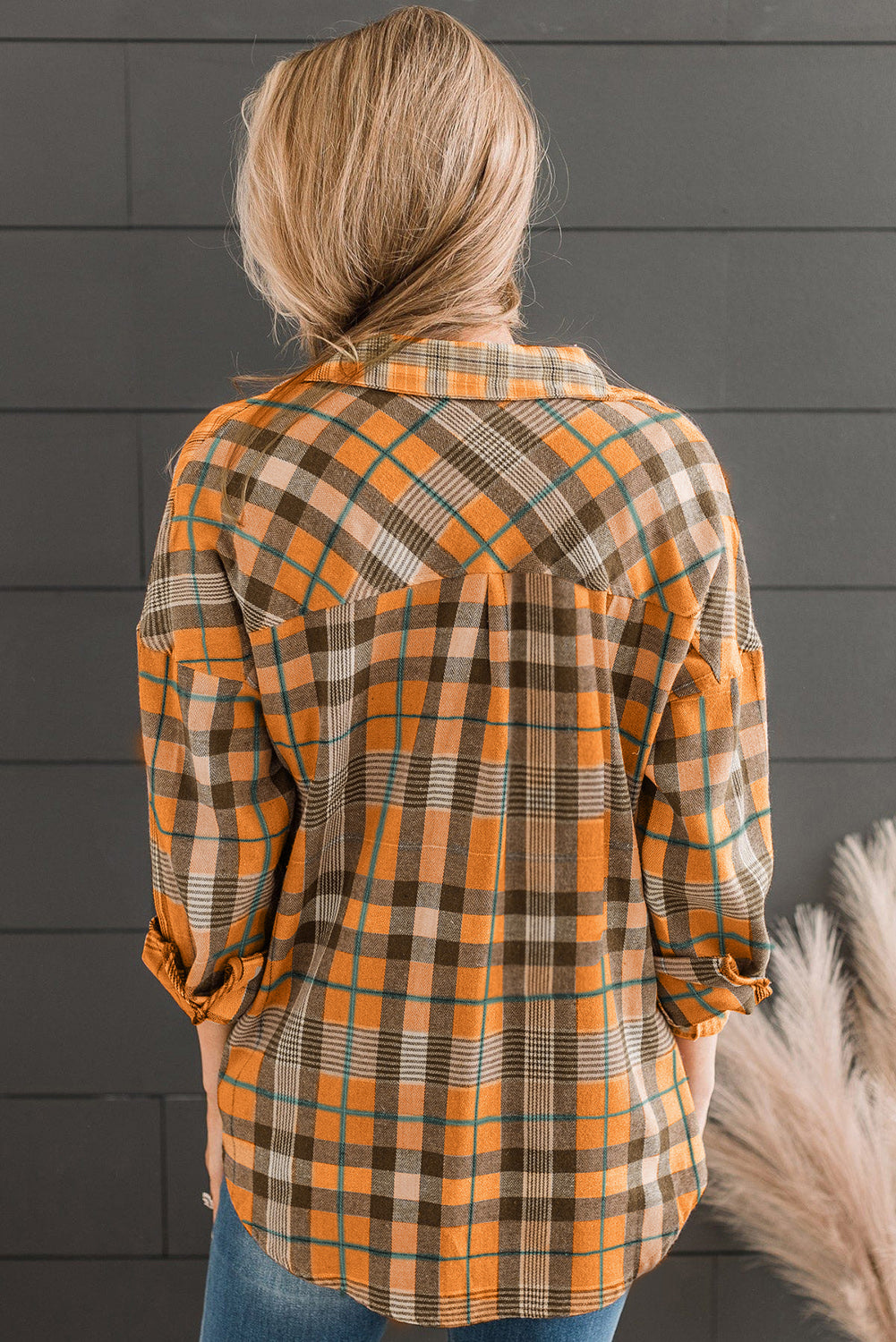 Orange Drop Shoulder Plaid Pattern Shirt