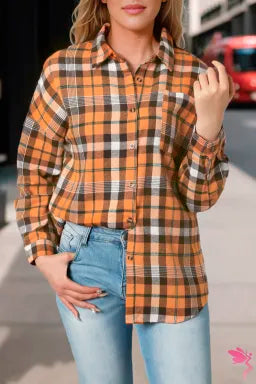 Orange Drop Shoulder Plaid Pattern Shirt