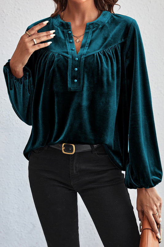 Sea Blue Lantern Sleeve Beaded Split V Neck Velvet Top