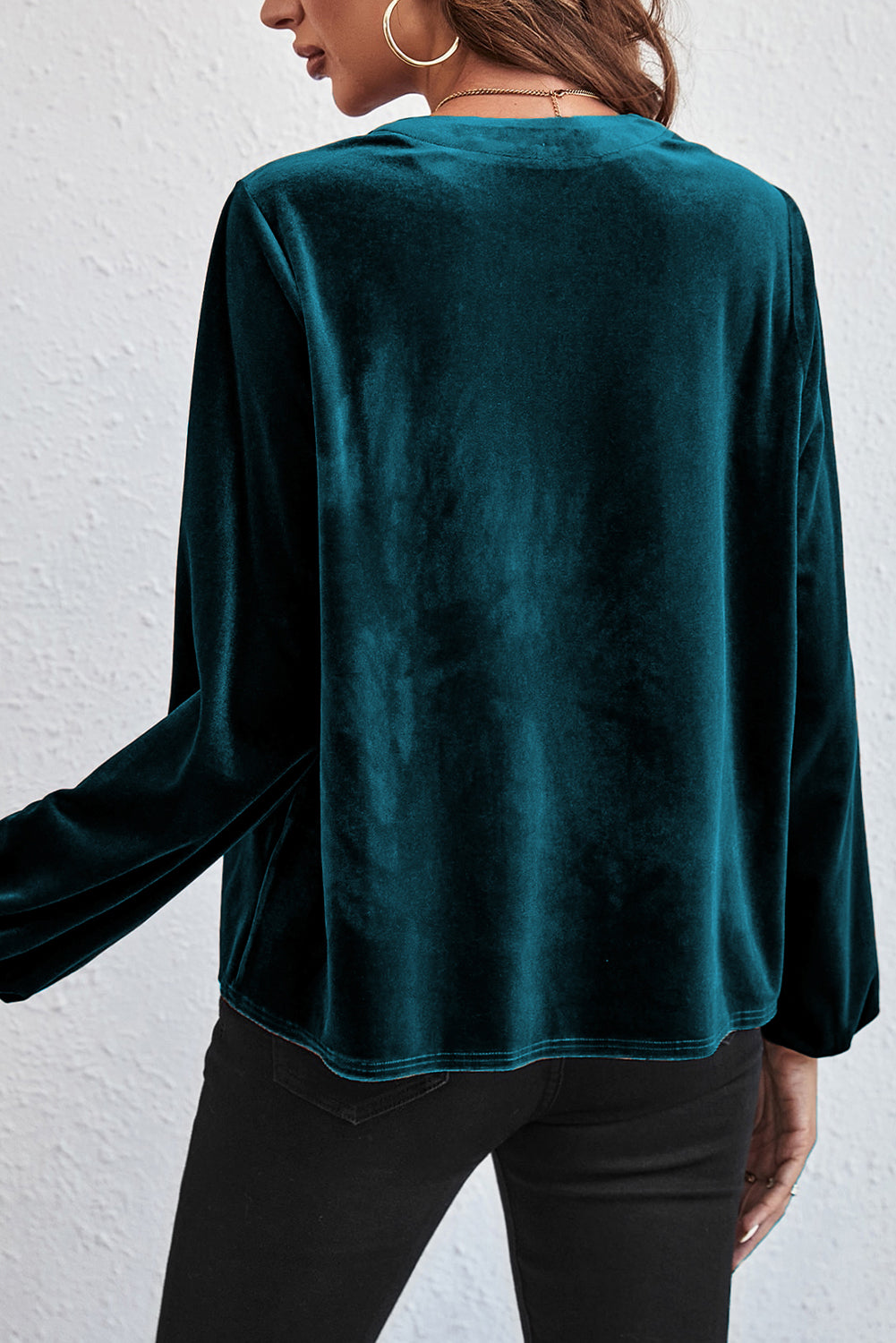 Sea Blue Lantern Sleeve Beaded Split V Neck Velvet Top