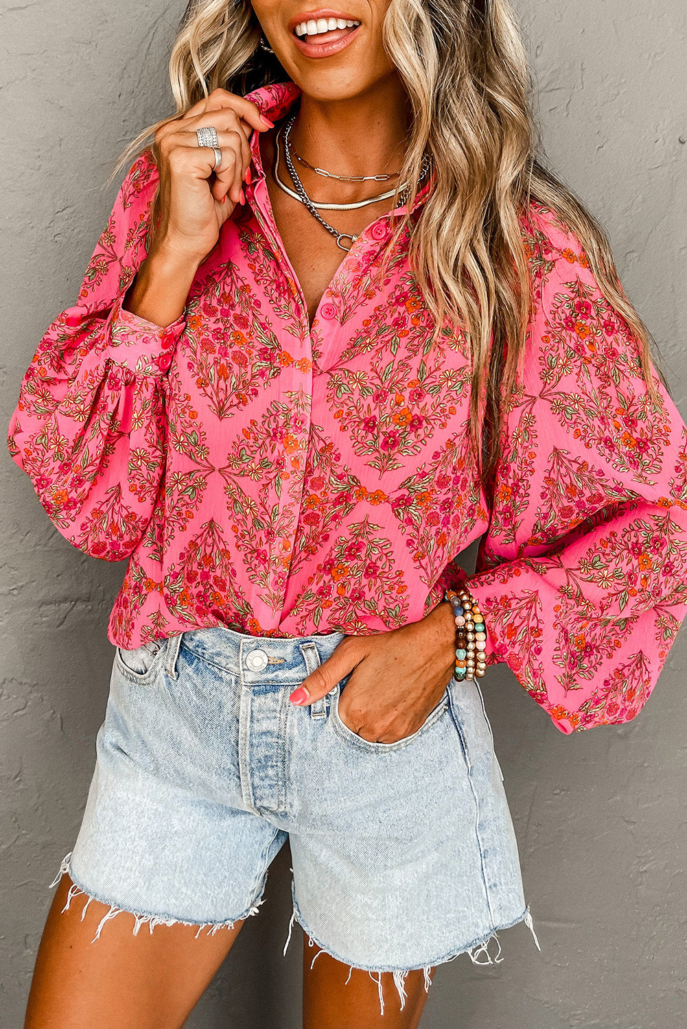 Strawberry Pink Floral Puff Sleeve Shirt