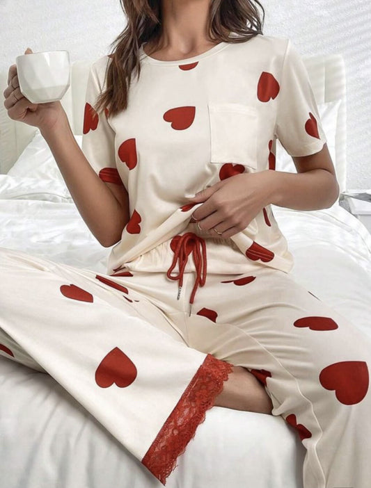 White Valentines Heart Print Lace Hem Tee Pants Pajama Set