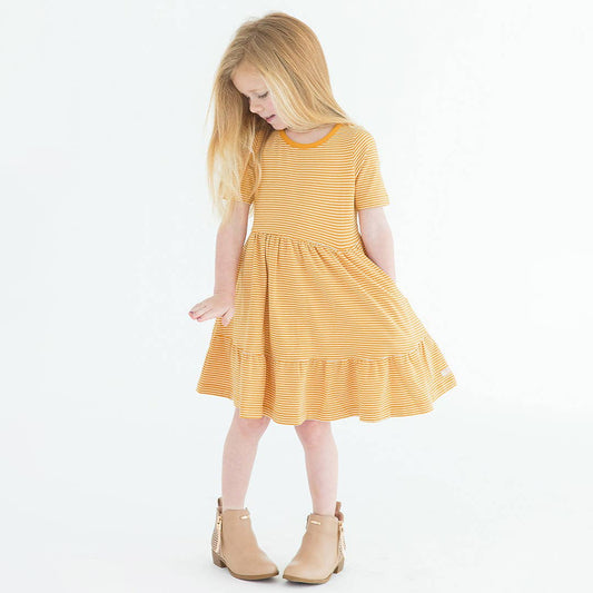 Tiny Honey Stripe Knit Short Sleeve Ruffle Dress Rufflebutts